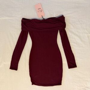 Oh Polly Oriana Modal Off-Shoulder Mini Dress in Wine Red